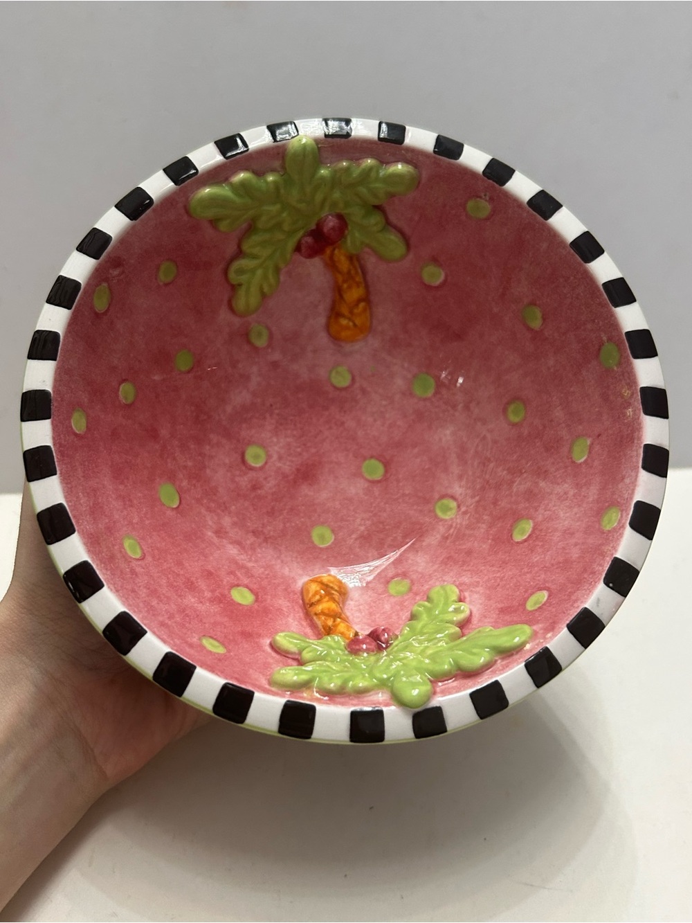 Hand Painted 3D Palm Tree Ceramic Bowl Checkered Rim Polka Dot Dish